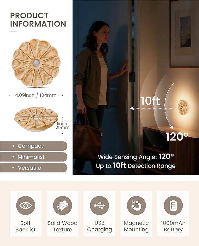 Night Light Wooden Carved Flower Mini USB Rechargeable Motion Sensor Nightlights Magnetic Wall Light for Hallway, Bedroom, Living Room, Stair, Ash Wood