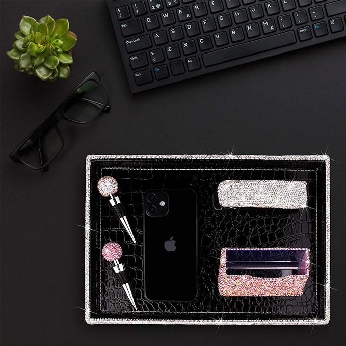 Jewelry or Makeup Storage Box Organizer Display Storage Case Desk for Dresser, Bathroom, Bedroom, and Makeup Perfume,Magnificent Handmade Serving Tray, Handicraft with Glittery Crystal(Silver)