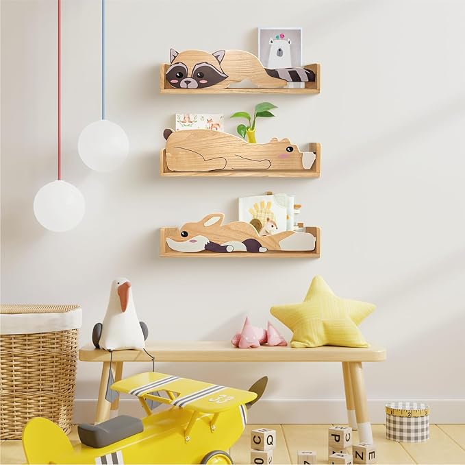 3 Floating Shelves, Wall Shelf for Kids Rooms, Woodland Nursery Bookshelves, Bear Fox and Raccoon 24inch