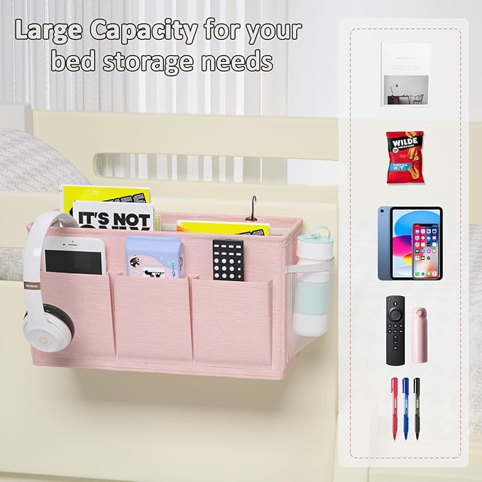 Edudif Dual-purpose Bedside Caddy Bedside Organizer, Bed Caddy with 6 Pockets, Versatile Bedside Storage Solution Magazine Remotes holder, ideal for Home, Dorm, Hospital, Crib Bed (Pink 2pcs)