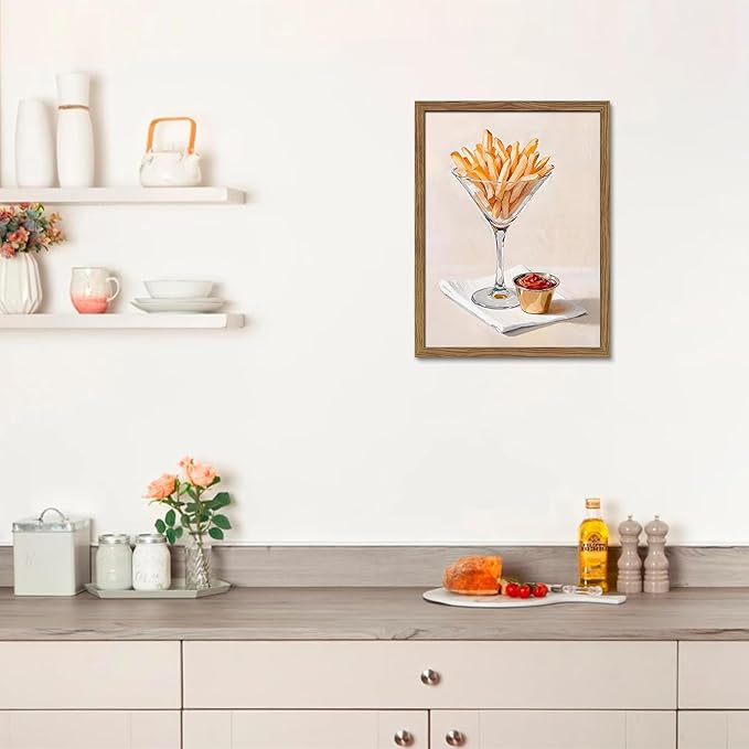 Modern Kitchen Wall Art, Funny Fries in Glass Canvas Wall Decor Painting, Vintage Minimalist Fries Ketchup Food Artwork Prints Pictures for Dining Room Kitchen Decor 16x24 Inch Wood Framed