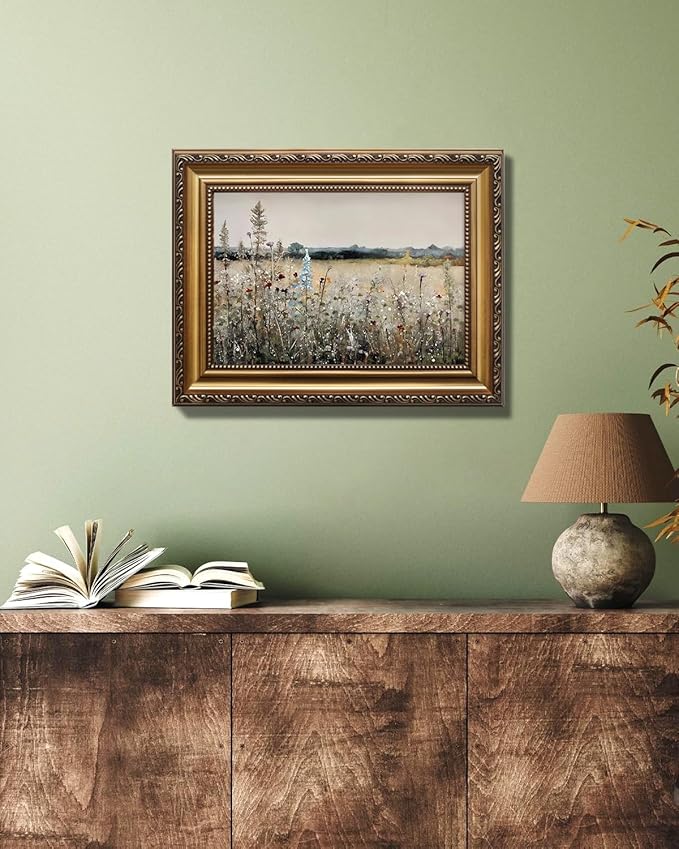 KBKBART Vintage Framed Wall Art for Living Room, French Wildflowers Field Vintage Art Print, Neutral Country Meadow Landscape, Gold Framed, 12''x16''