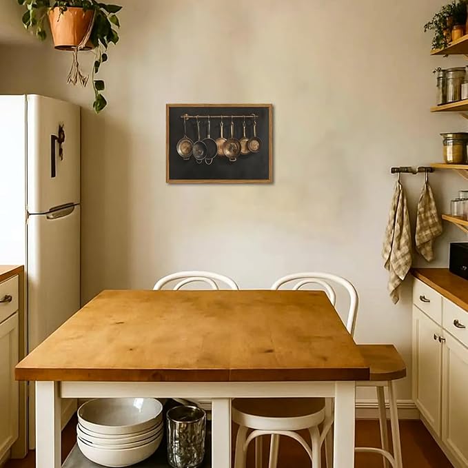 Framed Vintage Kitchen Canvas Wall Art, Farmhouse Pans Pictures Wall Decor Prints, Rustic Hanging Pots Paintings Poster Antique Home Decor Artwork for Dining Room Living Room 12x16 inch