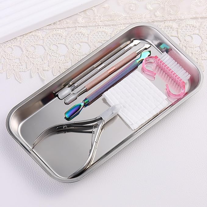 SUTOKAKA 2 Pack Stainless Steel Silver Decorative Tray, Manicure Surgical Tools Placing Dish, Bathroom Vanity Trays for Dresser Counter