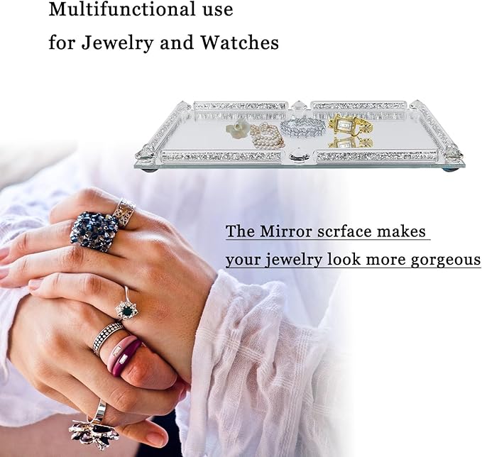 Crystal Glass Tray, 11.8" x 7.9" Crushed Diamond Silver Mirror Perfume Makeup Display Tray, Noble Jewelry Trinket Vanity Trays, Ornate Rectangular Cosmetics Dresser Decoration for Home Decor