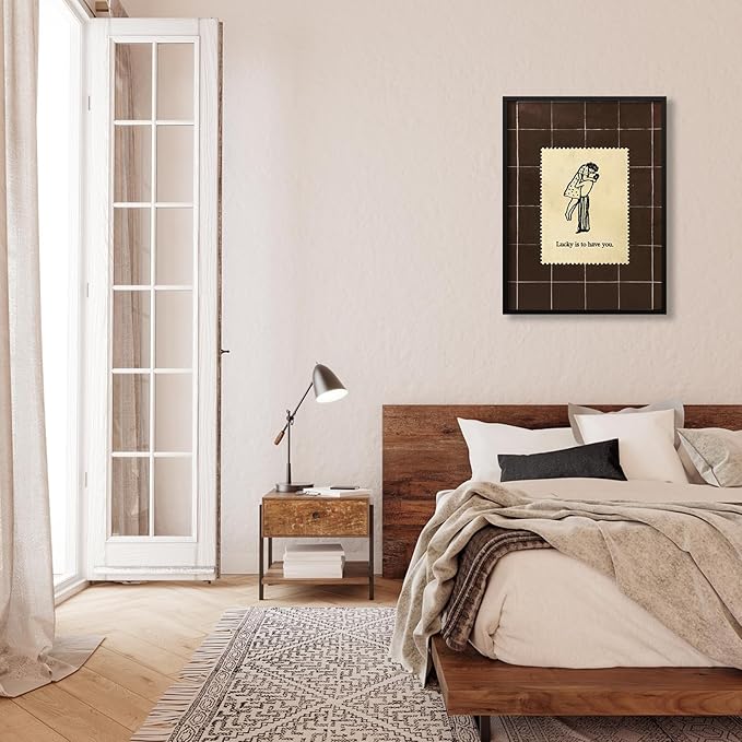 Brown Mid-Century Couples Wall Art Valentine Quotes Lucky Is to Have You Poster 08x10 inch Black Framed Vintage Romantic Anniversary Canvas Prints Modern Love Wall Decor for Bed Living Room