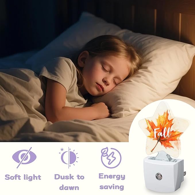 Nightlight,Maple Leaf Decorative Night Lights Plug Into Wall,Watercolor Orange Night Light with Auto Sensor for Bedroom,Nursery,Hallway,Stairway,Gifts