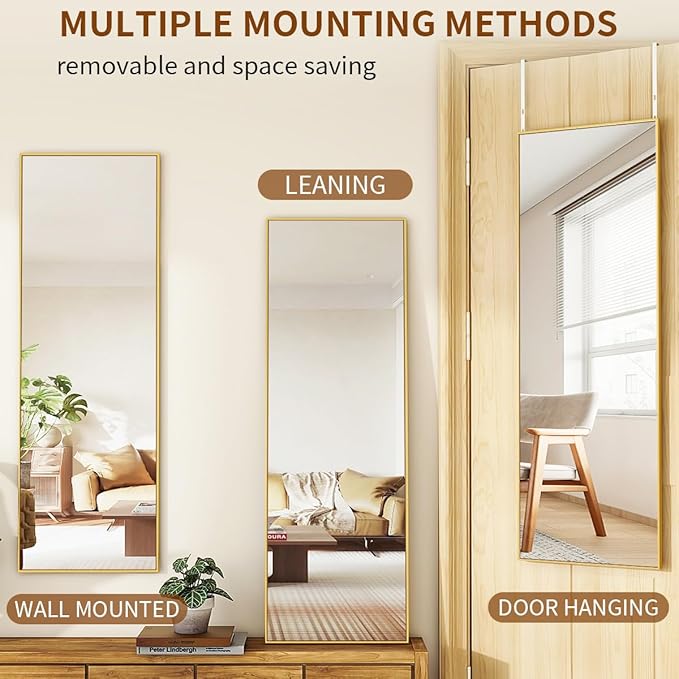 Door Mirror, Over The Door Full Length Mirror, 48"x14" Hanging Mirrors for Bedroom, Living Room, Entryway, Dorm, Gold