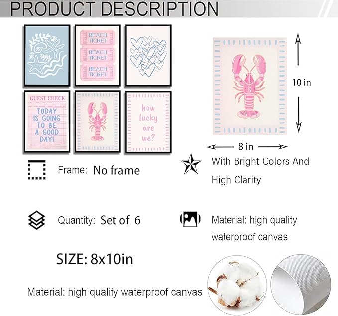 Zuowclli 6Pcs Coastal Granddaughter Wall Art Prints Pink Blue Beach Beach Preppy Wall Decor Pictures Summer Beachy Aesthetic Posters for Girly Bedroom Dorm Apartment Home Decoration Unframed 8x10in