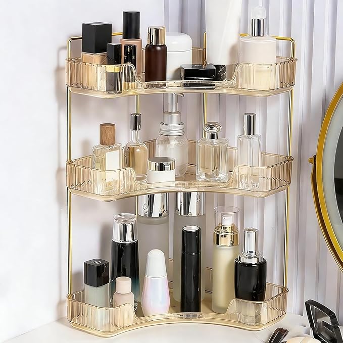 Multi-Tier Corner Countertop Organizer Rack, 3 Tier Corner Bathroom Counter Organizer, 90° Space-Saving Makeup Organizer Shelf, Tool-Free Installation for Cosmetic, Dresser, Kitchen (Gold-3tier)