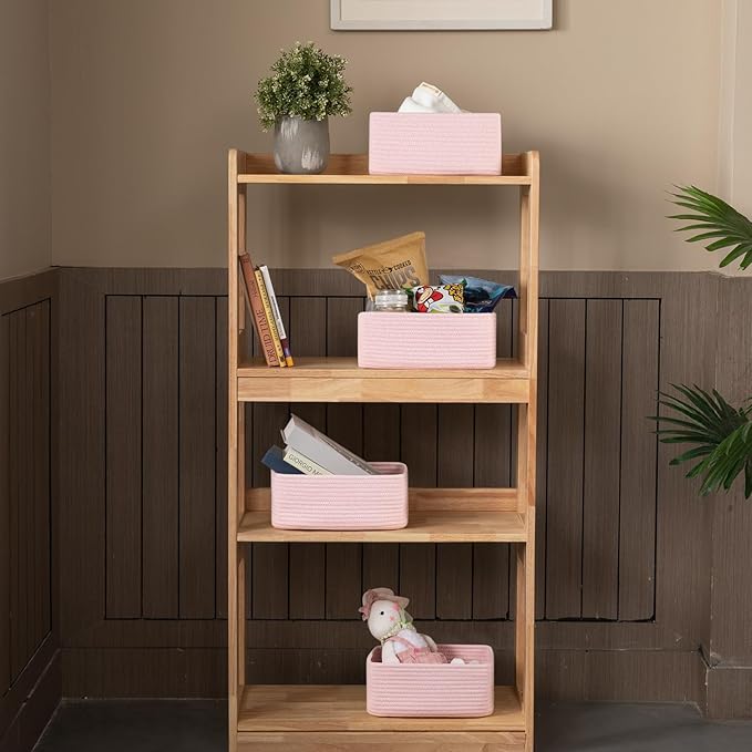 OIASKET 4 Pack Small Storage Shelf Baskets for Organizing, Mini Woven Rope Storage Bins for Towels, Cute Decorative Closet Organizer，Baby Nursery, Gift Empty Baskets -11.81''Lx7.87''Wx4.72''H-Pink