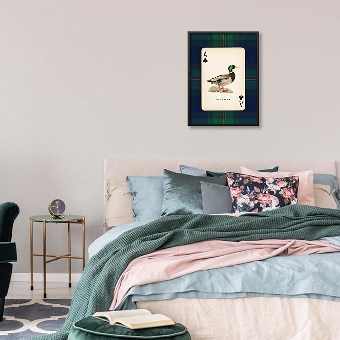 Mallard Duck Playing Card Wall Art Country Lucky Duck Animal Canvas Poster 24X36 inch Black Framed Nature Rustic Farmhouse Hunting Prints Vintage Wildlife Wall Decor