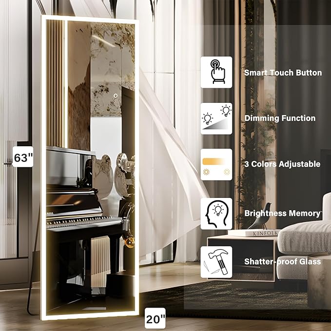 63x20 inches Full Length Mirror with Lights, Wall Mounted, 3 Color Lighting & Adjustable Brightness, Modern Home Decor for Bedroom, White