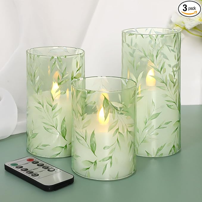 Glass Flameless Candles Green Decor Willow Leaves Vines Greenery Battery Operated LED Pillar Candles for Elegant Home Botanical Decor Special Occasions, Set of 3
