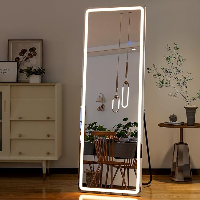 GLSLAND LED Full Length Mirror 60"x16" Floor Mirror with Stand, Wall Mounted Hanging Free Standing Full Body Mirror with Lights for Bedroom Living Room, White