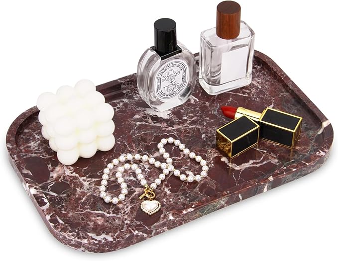 Marble Bathroom Vanity Tray, Natural Marble Home Kitchen Table Tray, Stone Decorative Countertop Serving Organizer for Dresser Coffee Perfume Jewelry Makeup (1, Rosso Lepanto L, 12 * 8 * 0.8)