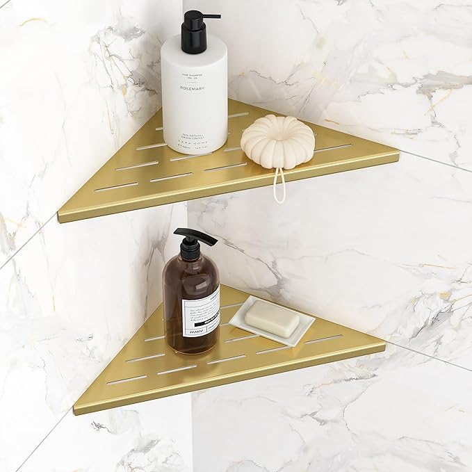 Qeke Corner Shower Shelves, 10” Recessed Tile Shower Shelf, 304 Stainless Steel Grout in Corner Tile Shower Shelves, No Drilling, Brushed Golden, 2 Pack