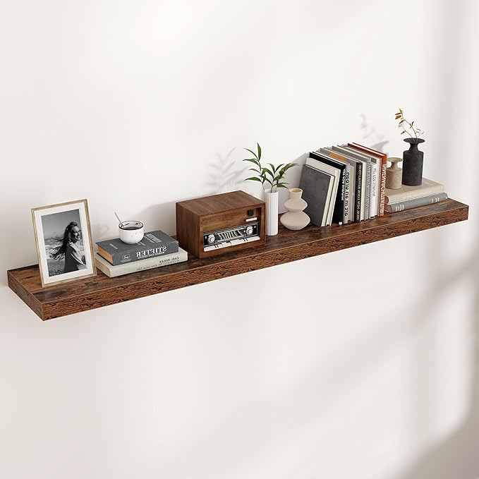 Venusmiles Floating Shelves for Wall, Engineered Wood Wall Shelves with Invisible Brackets for Living Room Bedroom Bathroom Office Kitchen Decor and Storage (Brown, 55" W x 9" D x 1.5" H) Set of 1