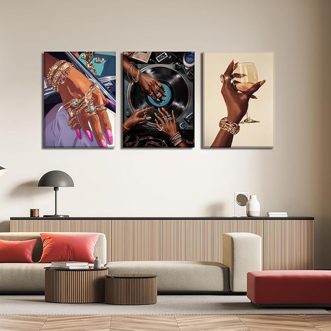 YFvrPt Black Woman Wall Art Set of 3, Trendy African American Women Wall Decor Black Girl Song Lover Canvas Poster Prints Aesthetic Pictures for Bedroom Living Room Framed 12x16 inch