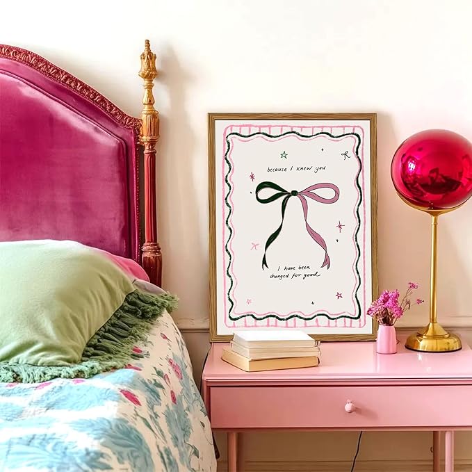 Framed Pink Bow Wall Art, Coquette Preppy Canvas Wall Decor Pictures, Trendy Inspirational Quote Paintings Prints Girly Home Decor Aesthetic for Girls Room Bedroom Dorm 12x16 inch