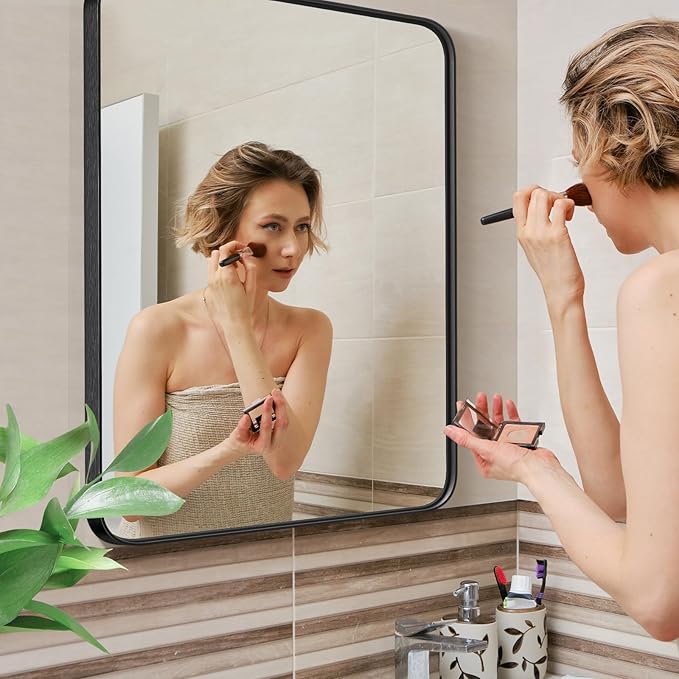 NEWBULIG 30X40 Inch Bathroom Wall Mirror, Vanity Bathroom Mirrors for Over Sink Tempered Glass, Anti-Rust Metal Framed Rounded Rectangle, Hangs Horizontally or Vertically, Farmhouse Home Decor, Black