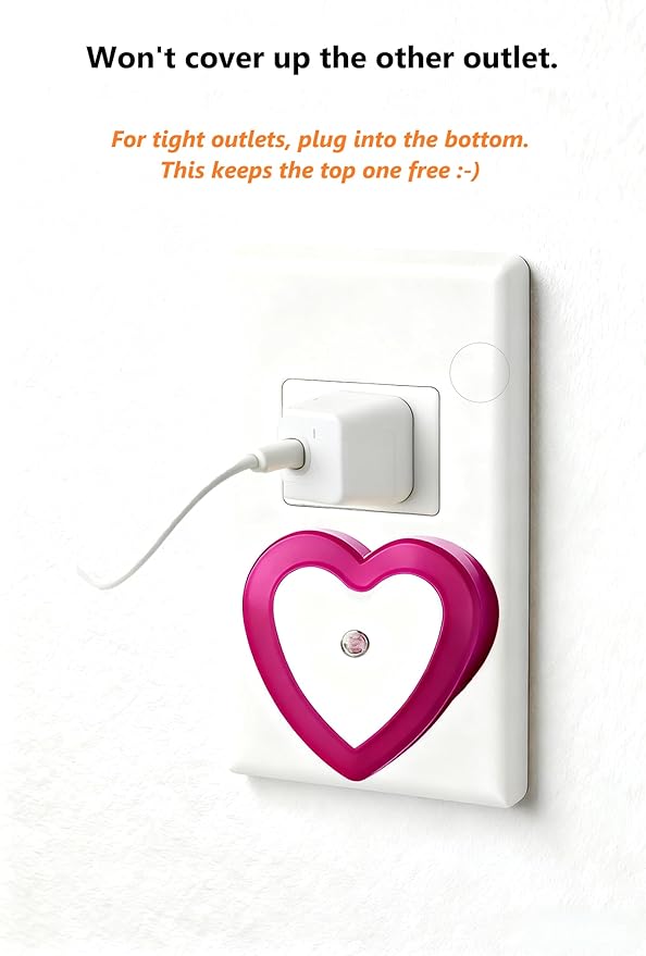 LED Night Lights Plug in(2-Pack), Dusk to Dawn Sensor Auto-On/Off, Cute Nightlight Heart Shaped 0.5W for Bedroom, Bathroom, Kids Room, Nursery, Hallway (Pink)