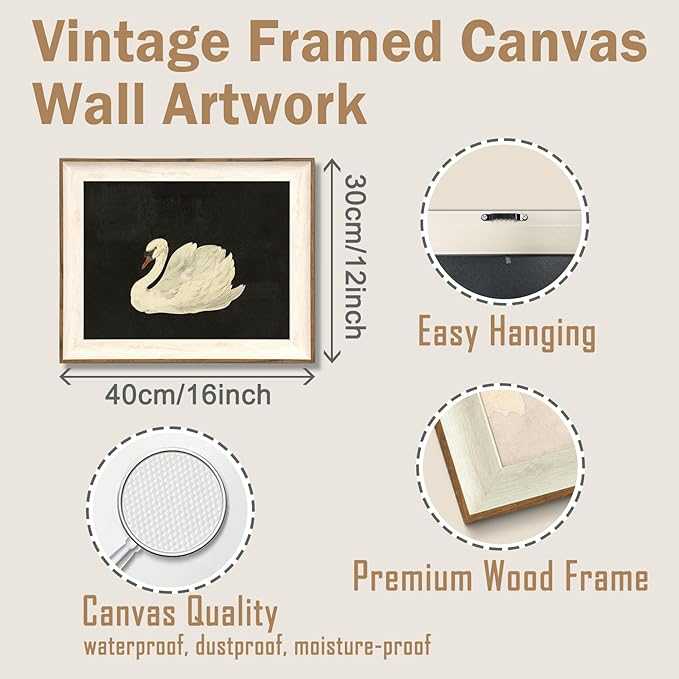 ASTRDECOR Vintage Framed Wall Art for Living Room, Vintage Swan Canvas Oil Painting for Bathroom Wall Decor, Classical Animal Framed Art for Home Decor Aesthetic, Zwaan Black and White Wall Art Prints for Bedroom Decor-12''x16''