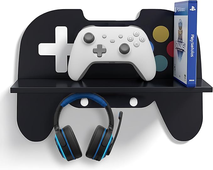 Game Room Decor Gaming Floating Shelf for Wall - Retro Controller Shaped Wooden Display Rack with Hooks for Controllers and Headphones, Black, Gaming Room Organizer for Boys and Teens