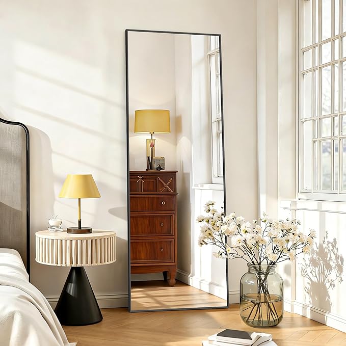 Mirror Full Length 59"x16" Full Body Floor Mirror with Stand, Shatterproof Glass, Aluminum Alloy Frame, Free Standing Wall Mounted or Leaning Rectangle Mirrors for Bedroom Living Room Entryway