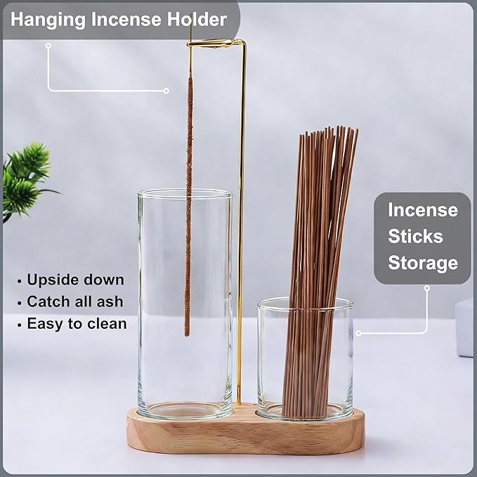 3 in 1 Incense Holder for Burning Insence-Stick & Palo Santo & Sage Sticks, Hanging Upside Down Incense Stick Burner with Glass Ash Catcher & Storage, Lasting Burning Palo Santo Sage Burner