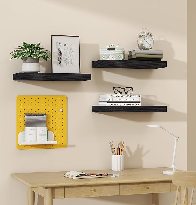 Vervida® Floating Shelves for Wall, 15" Rustic Wood Deep Wall Mounted Shelves with Invisible Brackets for Decor & Storage, Floating Shelf for Living Room, Bathroom (Black, Set of 3)