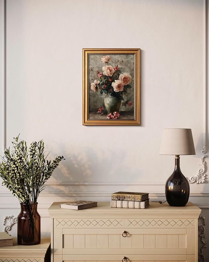 Bzstyleart Vintage Wall Art Decor for Living Room, Gold Framed Canvas Wall Art for Office, Flower Painting Framed Artwork, Canvas Print Painting for Bedroom Bathroom, Magnolia Flower 12L x 16W