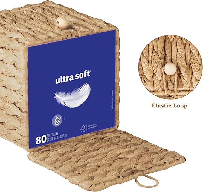 BIBELUN Woven Tissue Box Cover Square with Storage Tray, Water Hyacinth Tissues Cube Box Holder, Farmhouse Wicker Facial Tissue Dispenser Organizer for Bathroom, Countertop, Vanity, Nightstand, Decor