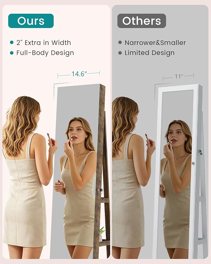 Vlsrka Full Length Mirror with Storage, 63" Rotating Jewelry Cabinet Standing, Lockable Jewelry Armoire with LED Lights, Foldable Makeup Shelf, Jewelry Organizer for Bedroom Small Space, Rustic Brown