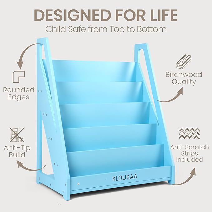 Kids Book Shelf Organizer, Wooden Children’s Bookcase with Front-Facing Storage for Toddlers & Kids (Blue)