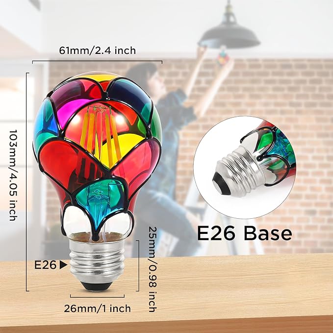 Dimmable Stained Glass LED Light Bulb, 3.5W E26 Base A19/A60 Festive Atmosphere Color Bulb, for Home Light, Party, Festive Decoration, 2 Pack