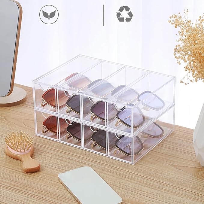 Glasses Storage Box 4 Layers Large Glasses Organizer Box Multifunctional Stackable Display Holder Reusable Acrylic Cosmetics Makeup Organizer Transparent Eyeglasses Organizer for Jewelry Sung