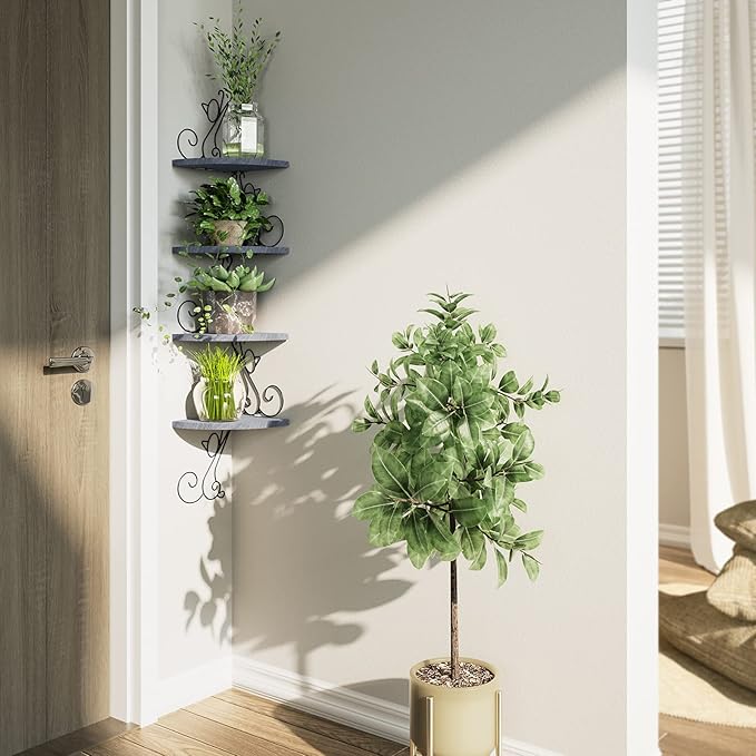 Alsonerbay Wall Mount Corner Shelves 4 Tier Floating Corner Storage Wood Shelves Decorative Rustic Radial Shelf in Cat Shape Weathered Grey