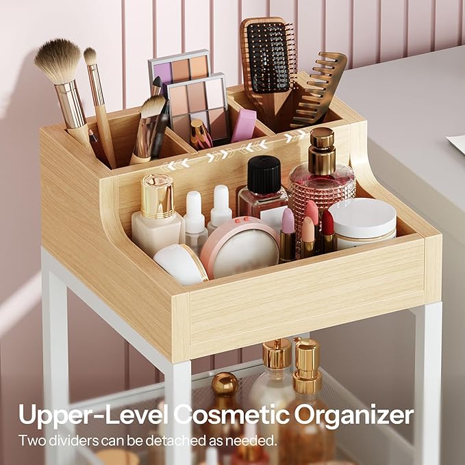 HOOBRO Jewelry Box with Mirror and Makeup Organizer Cart with Fabric Drawers Bundles, Jewelry Storage Case, Cosmetics Display Cases, for Earrings, Rings, Necklaces, Bracelets WT03JB04G2-WN19TC04