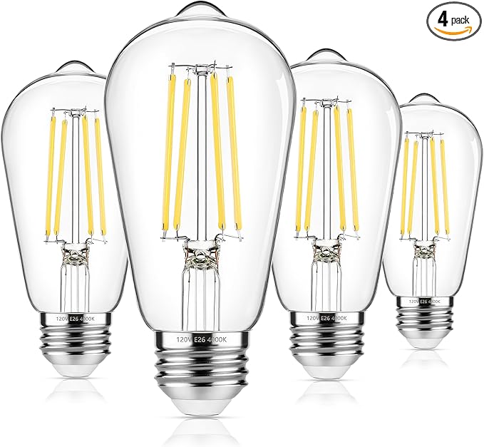ASOMST 4-Pack Vintage Edison Bulbs 60W Equivalent, 850LM 6W LED Light Bulb Neutral White 4000K, ST58 Filament Lighting E26 Base, Non-Dimmable