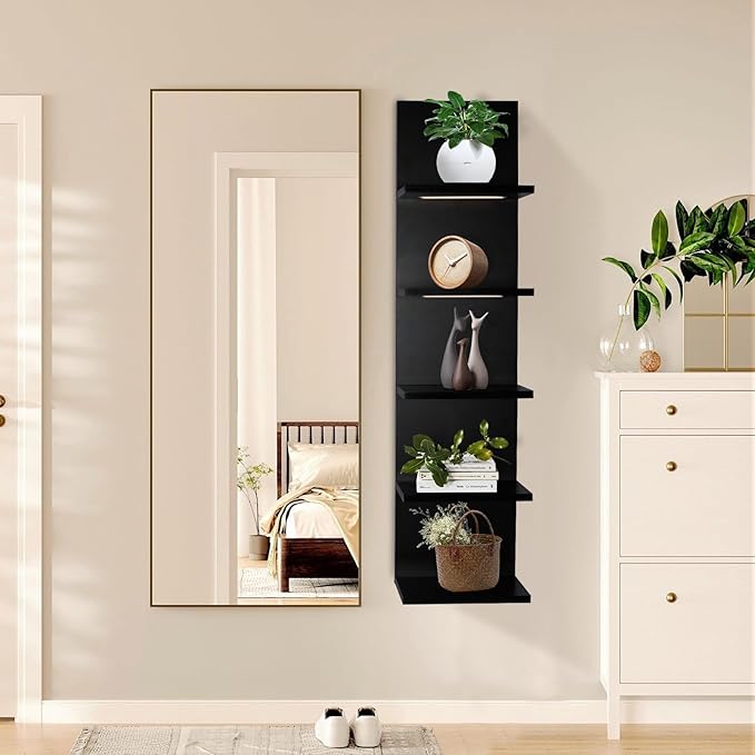 5 Tier Wall Shelves with LED Light, Vertical Column Shelf Floating Storage Home Decor Organizer Tall Tower Design Utility Shelf (Black)