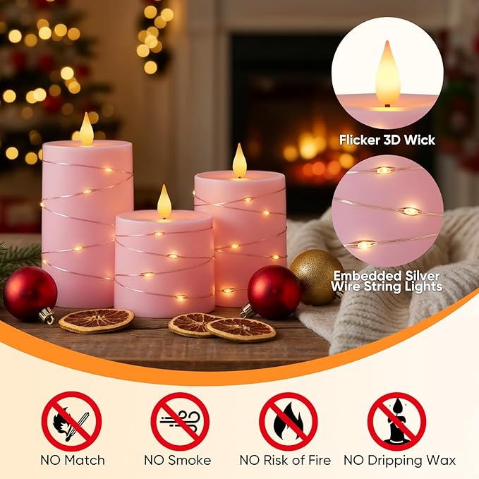 Raycare Easter Pink Flameless Candles with Remote Timer, Flickering Battery Operated LED Pillar Fake Candle with String Lights for Home Decor, Christmas, Wedding and Gift, Set of 3