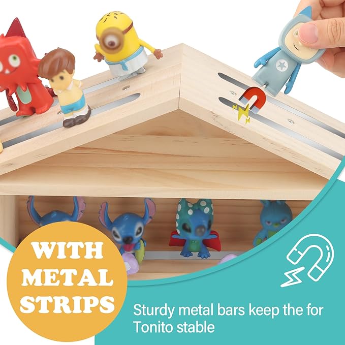 House Wooden Shelf for Tonies Box Storage Magnetic, Compatible with 15~30 Tonies Figures Characters, Combined or Split-Type Design, Wall-Mounted + Tabletop Placement