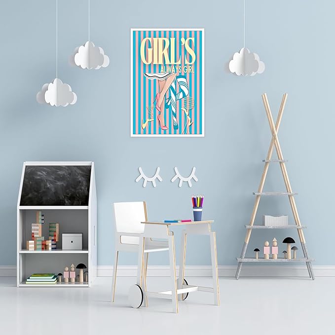 Trendy Always Girls High Heels Poster Funny Cocktail Disco Ball Canvas Wall Art Preppy Blue And Pink Stripes Feminine Girly Prints Painting For Living Room Bedroom Wall Decor 12x16in Unframed