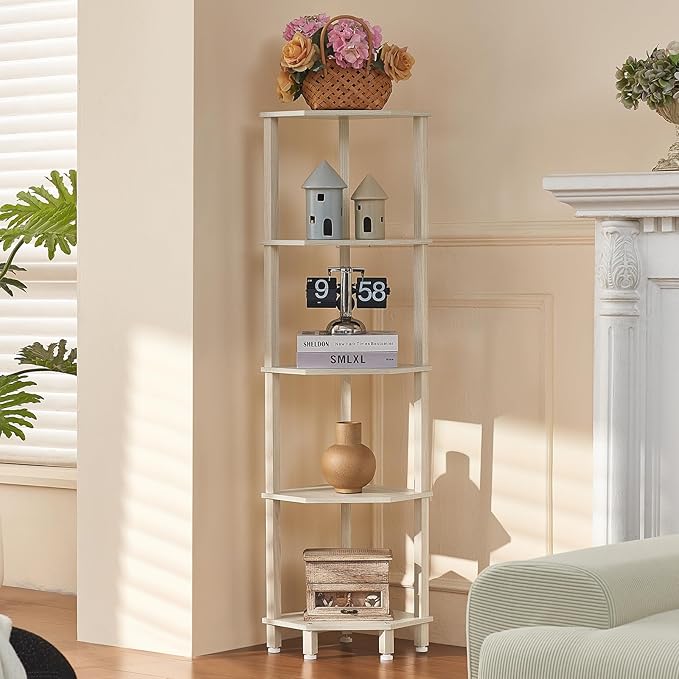 YUFAM 5-Tier Corner Shelf with Sturdy 5-Leg Base, 52in Tall Narrow Bookcase for Small Spaces, Wooden Plant Display Shelf, Thin Bookshelf for Living Room, Bedroom, Office, Grey White