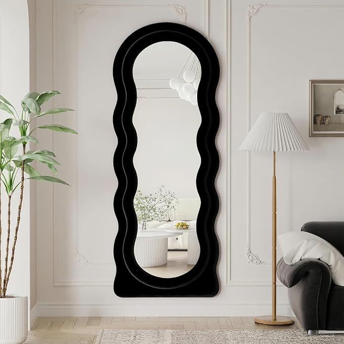Dewfig Wavy Full Length Mirror with Stand, 63" x 24" Irregular Floor Mirror, Large Floor Length Mirror, Freestanding/Leaning/Wall Mounted, Flannel Wrapped Wooden Frame for Bedroom/Living Room, Black