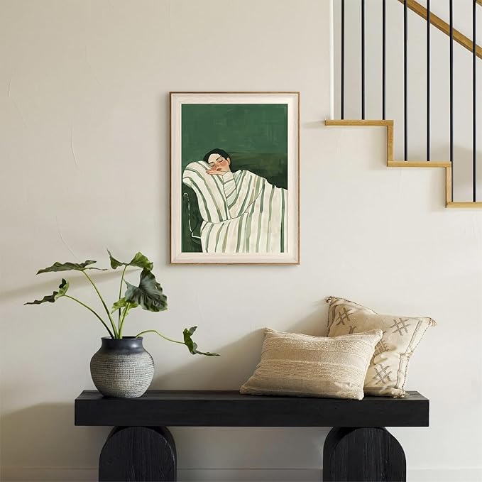 ASTRDECOR Minimalist Framed Wall Art - Cozy Woman Sleeping on Couch, Emerald Green & White Striped Blanket, Modern Aesthetic Bedroom or Living Room Décor, Eclectic Canvas Art Prints for Apartment 12x16Inch