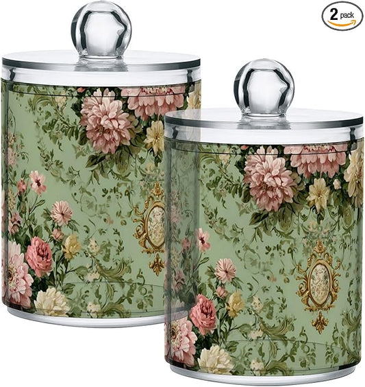 2 Pack Apothecary Jars Sweet Floral Green Background Bathroom Vanity Storage Organizer Set,Small Clear Plastic Storage Jars Bathroom Canister for Cotton Swabs, Rounds, Balls, Qtips,Makeup Spong