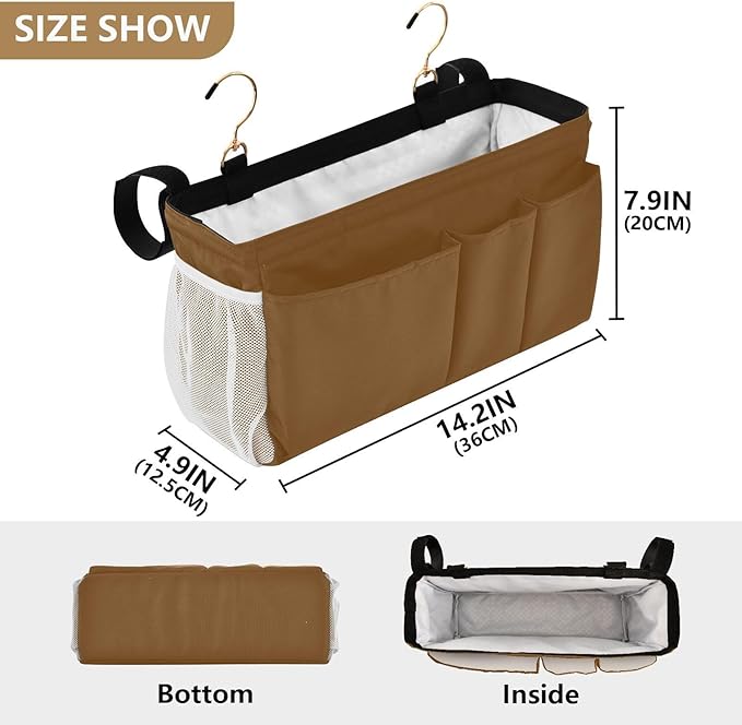 Brown Bedside Caddy Storage Bag Bedside Organizer for Bunk Bed Headboards College Organizer Caddy Hanging Shelf 6 Pockets with Hooks for Drinks Magazine Phone Holder