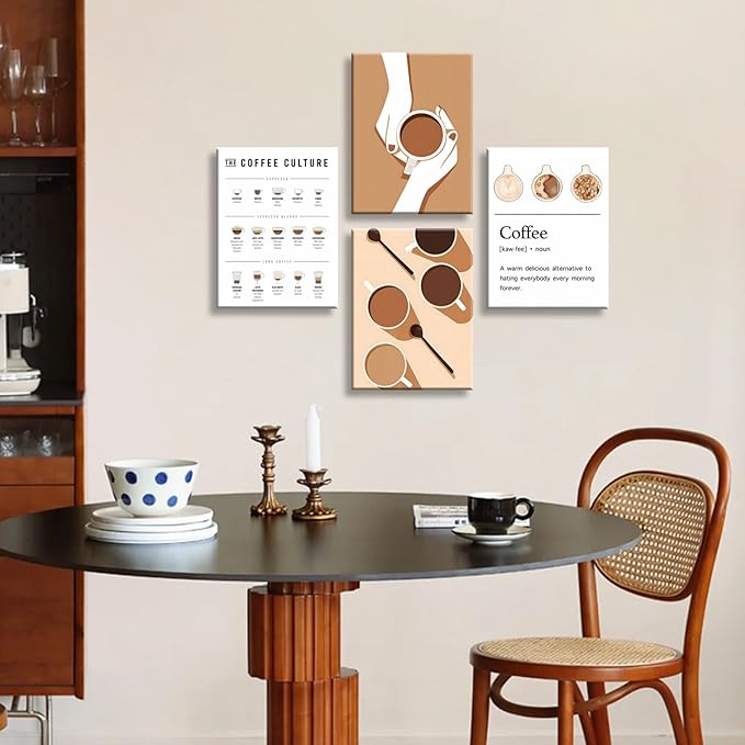 NCYEL 4pcs Modern Minimalist Coffee Wall Art Kitchen Coffee Shop Pictures Simple Home Decor Aesthetic Posters Neutral Brown and Beige Bar Decor 8x10 Inch unframed